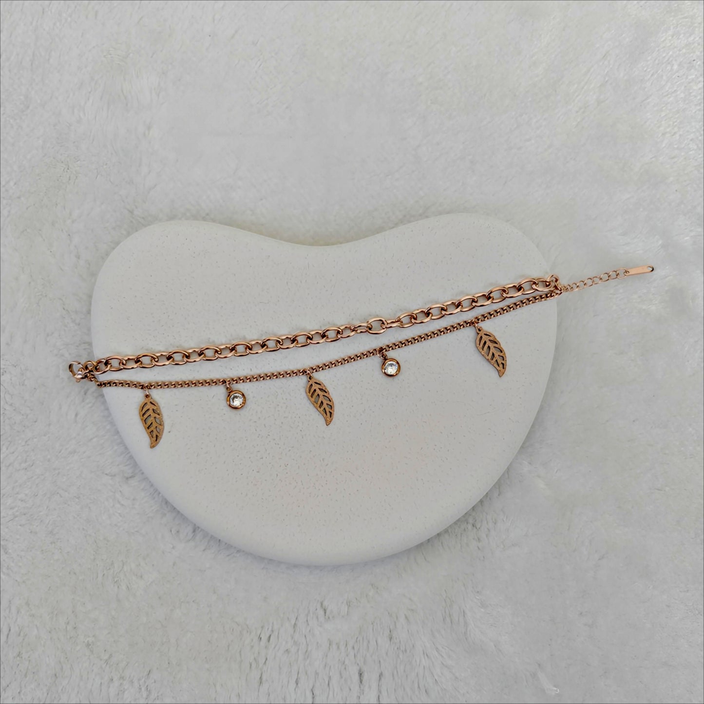 Rose Gold Stainless Steel Layered Bracelet with Leaf & Crystal Charms