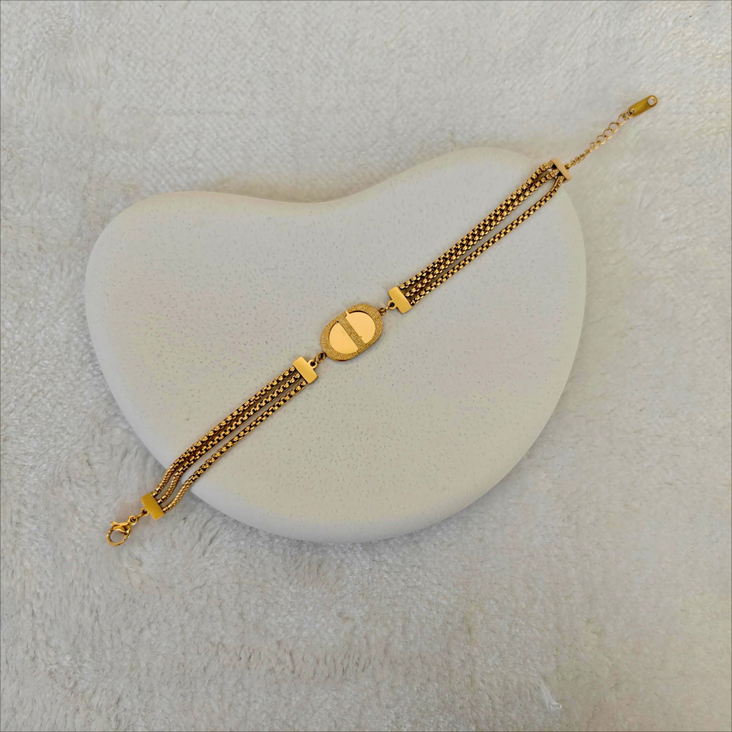 Gold Stainless Steel Triple Chain Bracelet with Oval Medallion