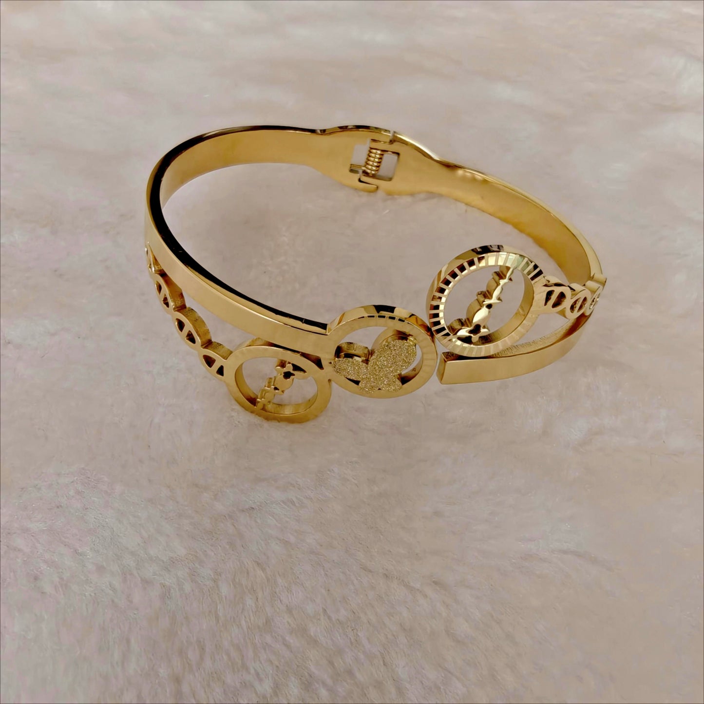 Gold Stainless Steel Hinged Bangle with Compass & Heart Charms