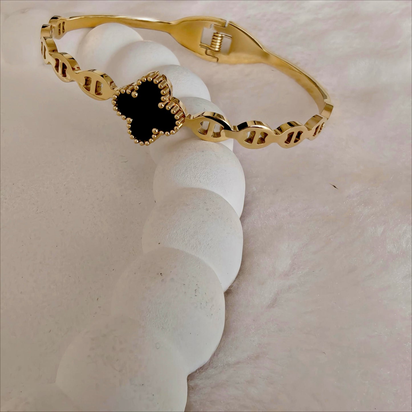Gold Stainless Steel Hinged Bangle with Black Clover Enamel & Anchor Links