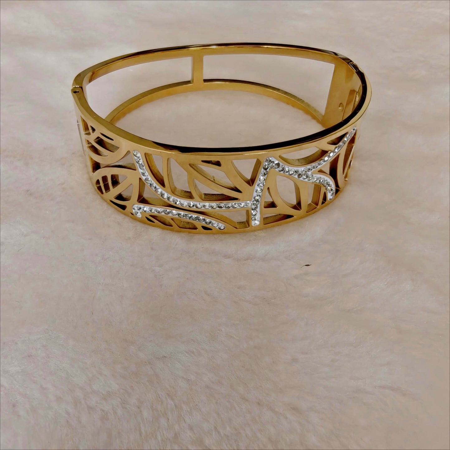 Gold Stainless Steel Wide Geometric Cutout Bangle with Crystals