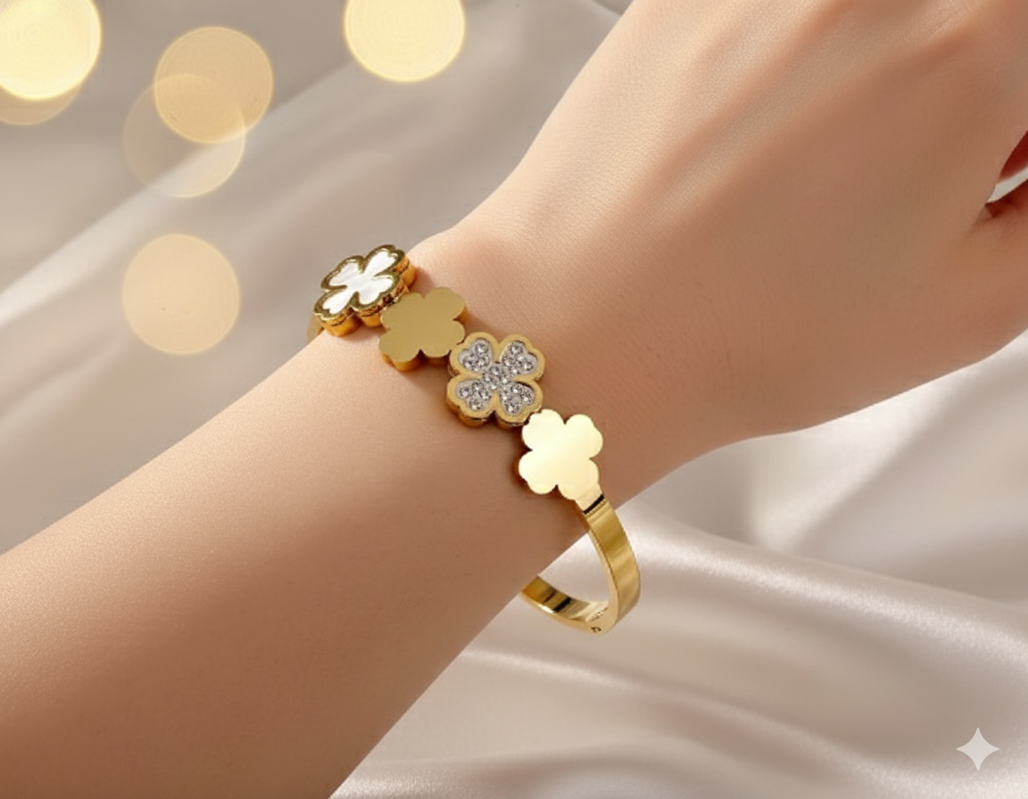 Gold Clover Anti Tarnish Hinged Bangle with Mother-of-Pearl & Crystals