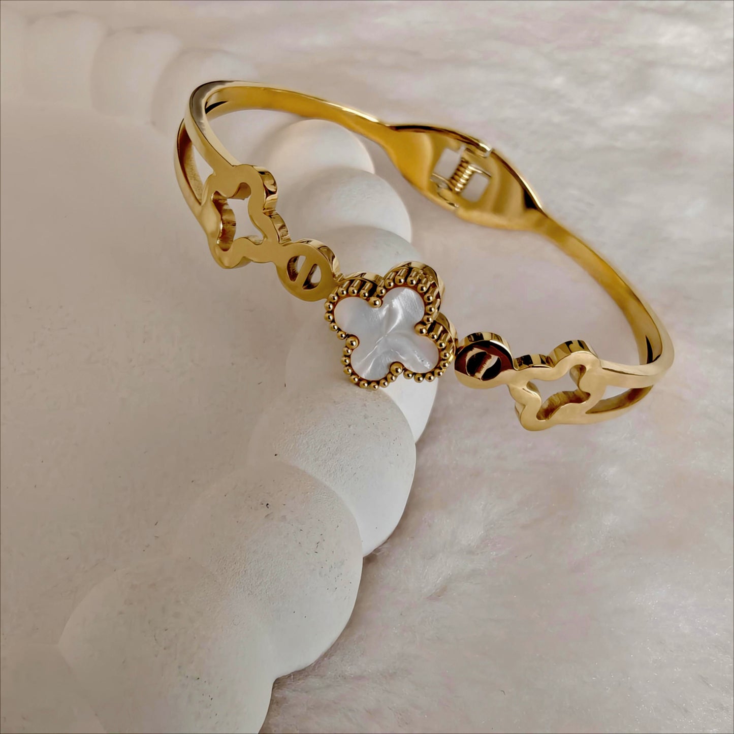 Gold Stainless Steel Hinged Bangle with Mother-of-Pearl Clover