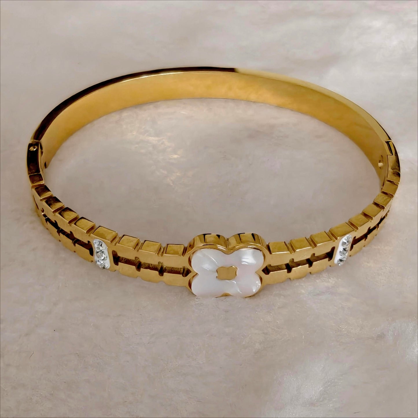 Gold Stainless Steel Mother-of-Pearl Bangle with Crystal Links