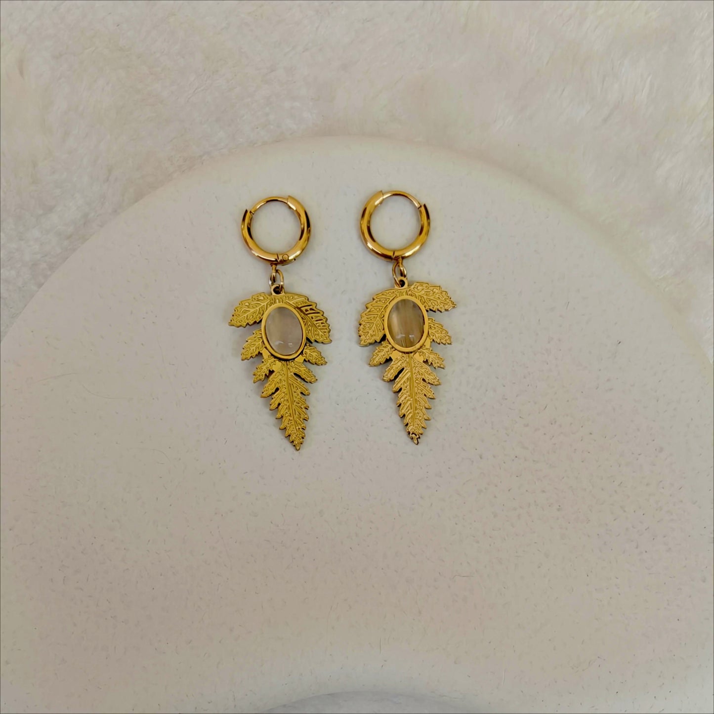 Golden Leaf Dangle Hoop Earrings with Opalite Stone