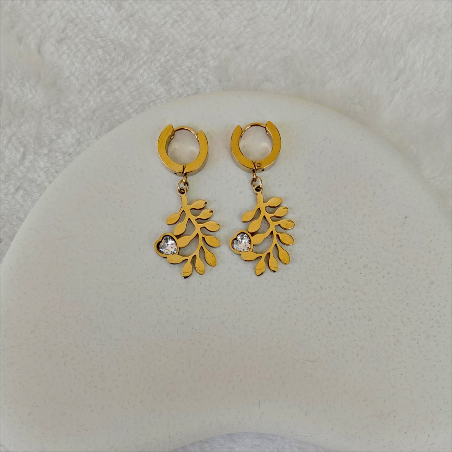 Golden Leaf Dangle Hoop Earrings with CZ Heart Charm