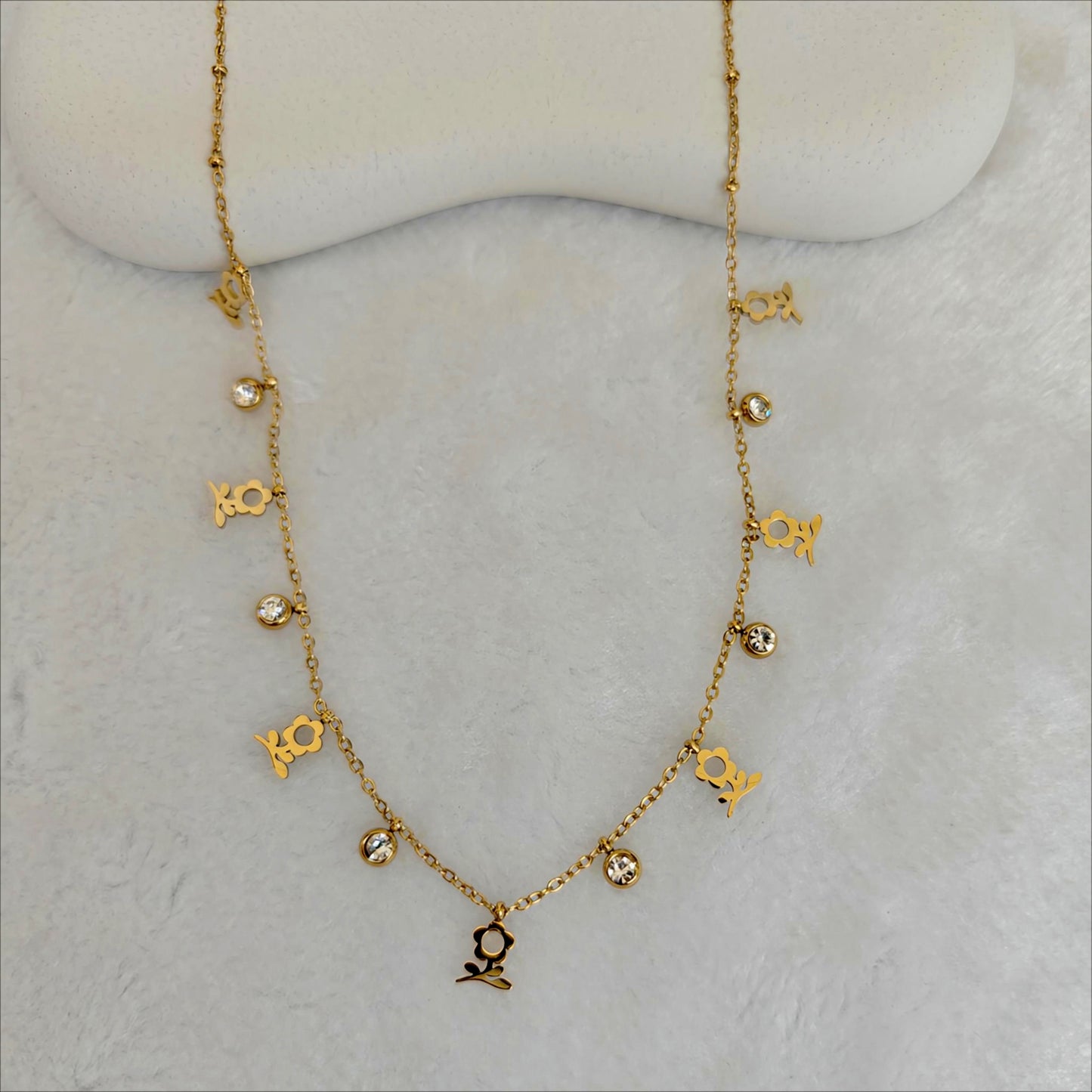Gold Korean Stainless Steel Dainty Charm Necklace with Crystals