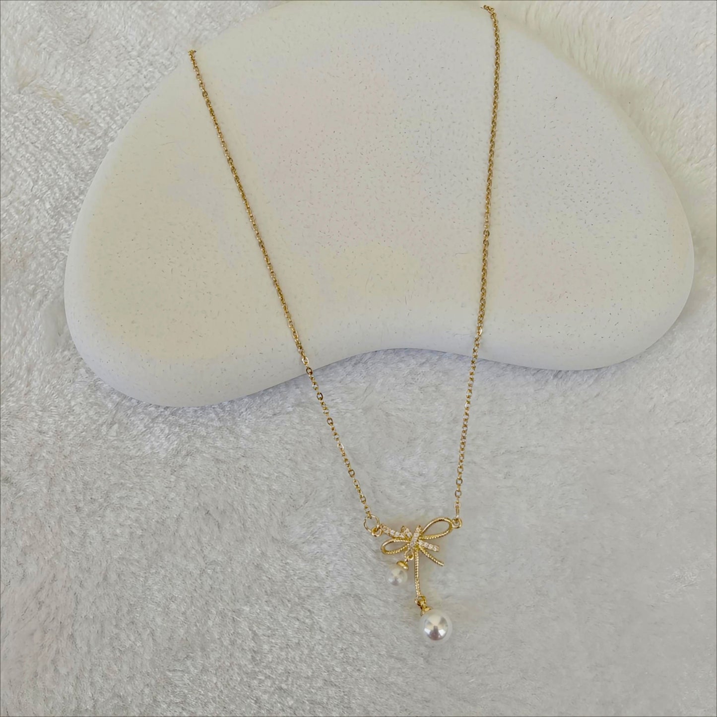Gold Korean Stainless Steel Bow & Pearl Drop Necklace