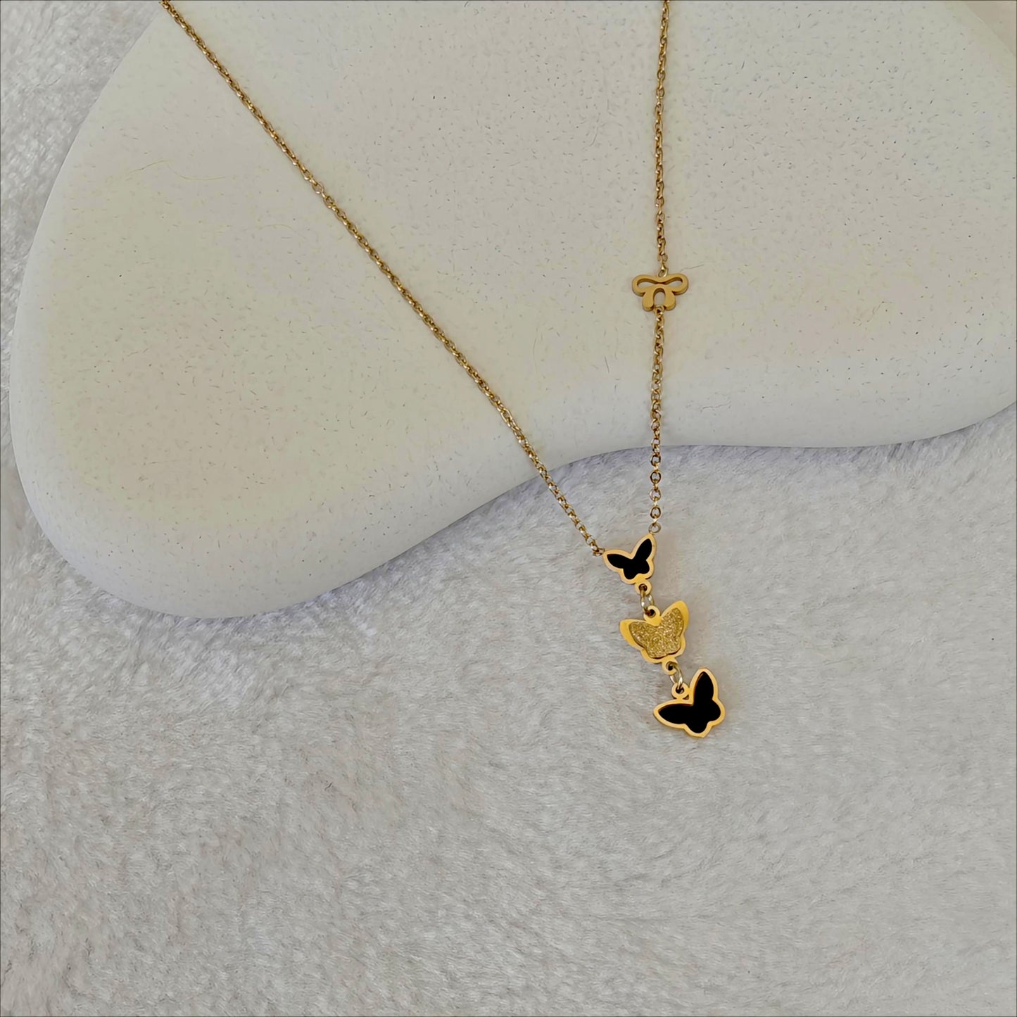 Gold Stainless Steel Butterfly Lariat Necklace with Enamel & Texture