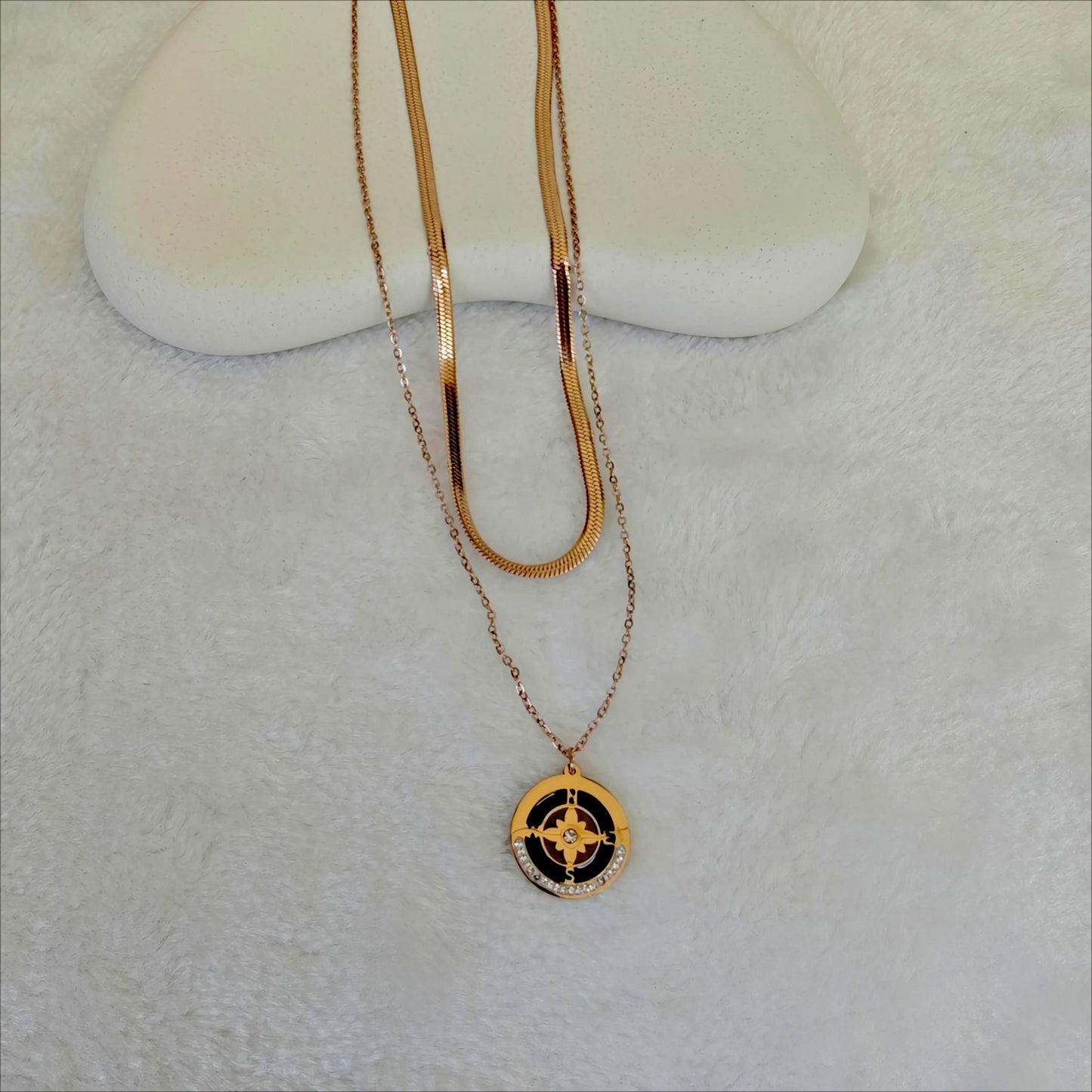 Rose Gold Stainless Steel Layered Snake Chain & Compass Necklace