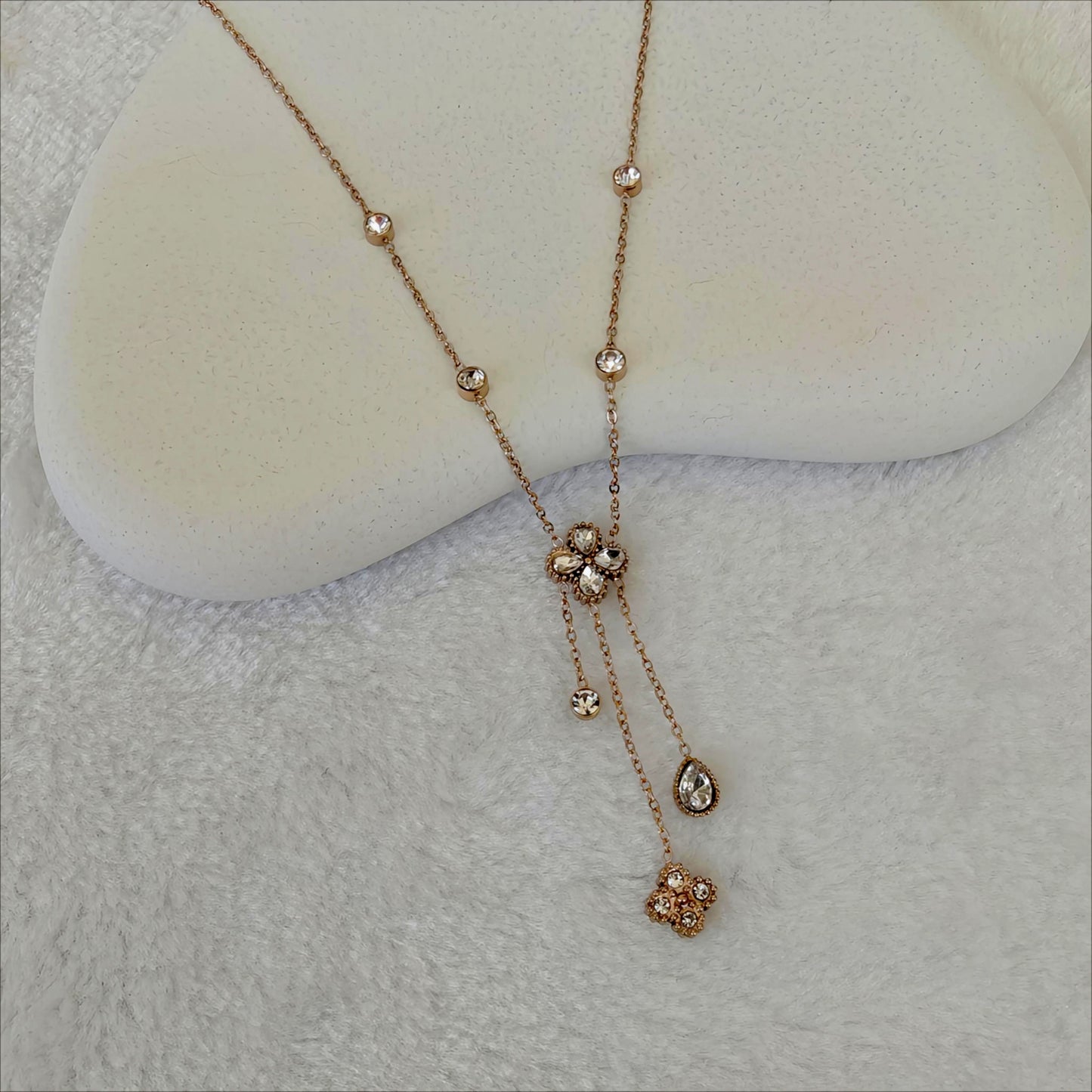 Rose Gold Stainless Steel Crystal Flower Lariat Necklace