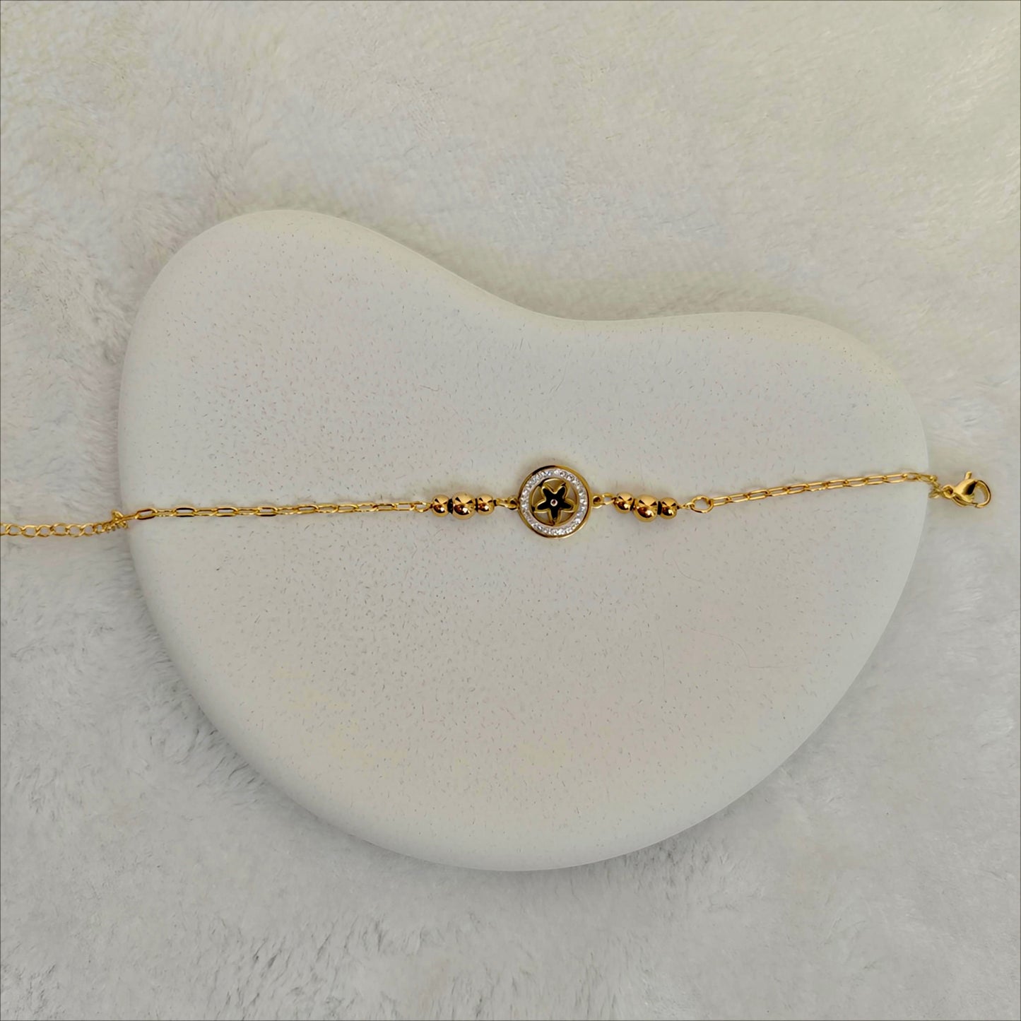 Gold Stainless Steel Chain Bracelet with Enamel Star Medallion & Beads