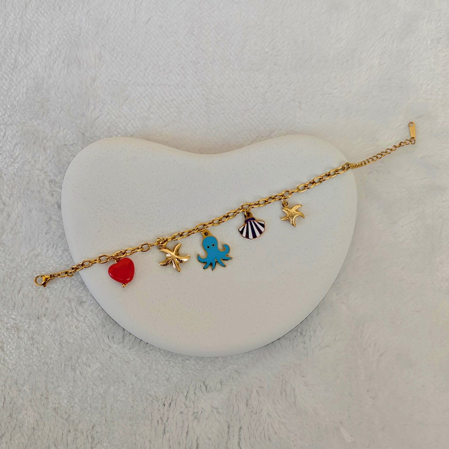 Gold Stainless Steel Charm Bracelet with Marine Motifs and Enamel
