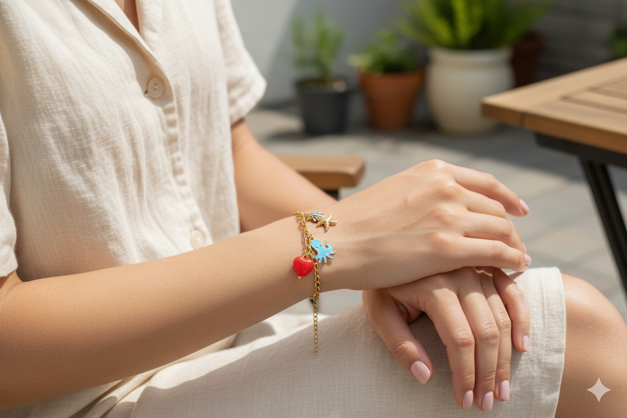 Gold Stainless Steel Charm Bracelet with Marine Motifs and Enamel