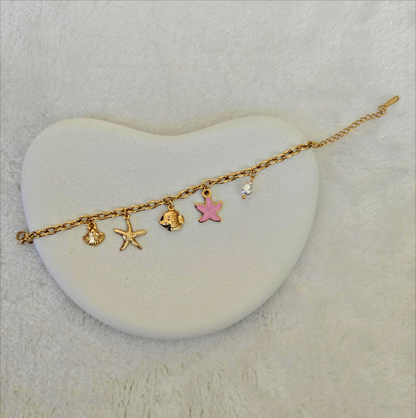 Gold Stainless Steel Charm Bracelet with Ocean Theme Motifs