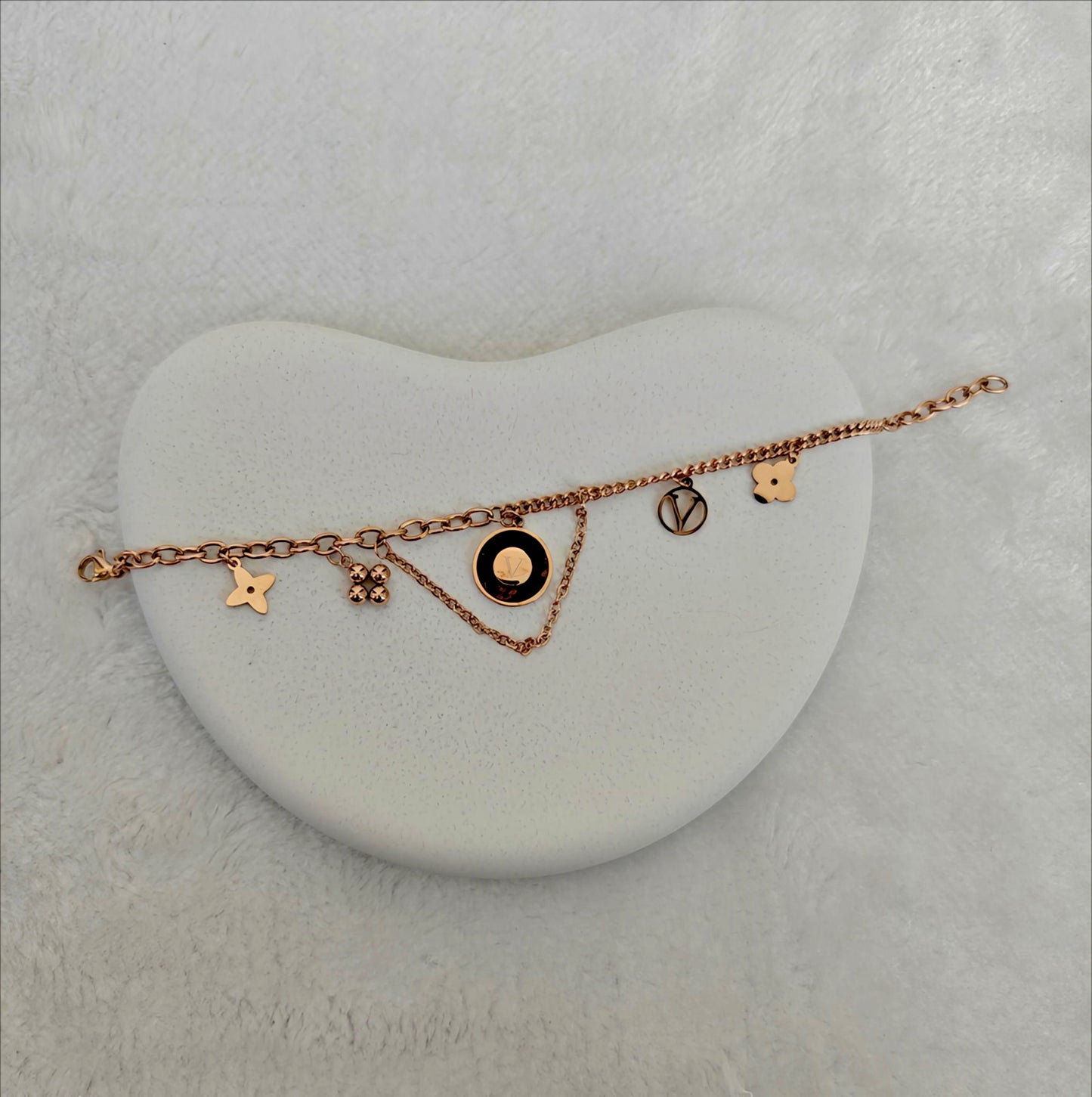 Rose Gold Stainless Steel Charm Bracelet with Signature Motifs