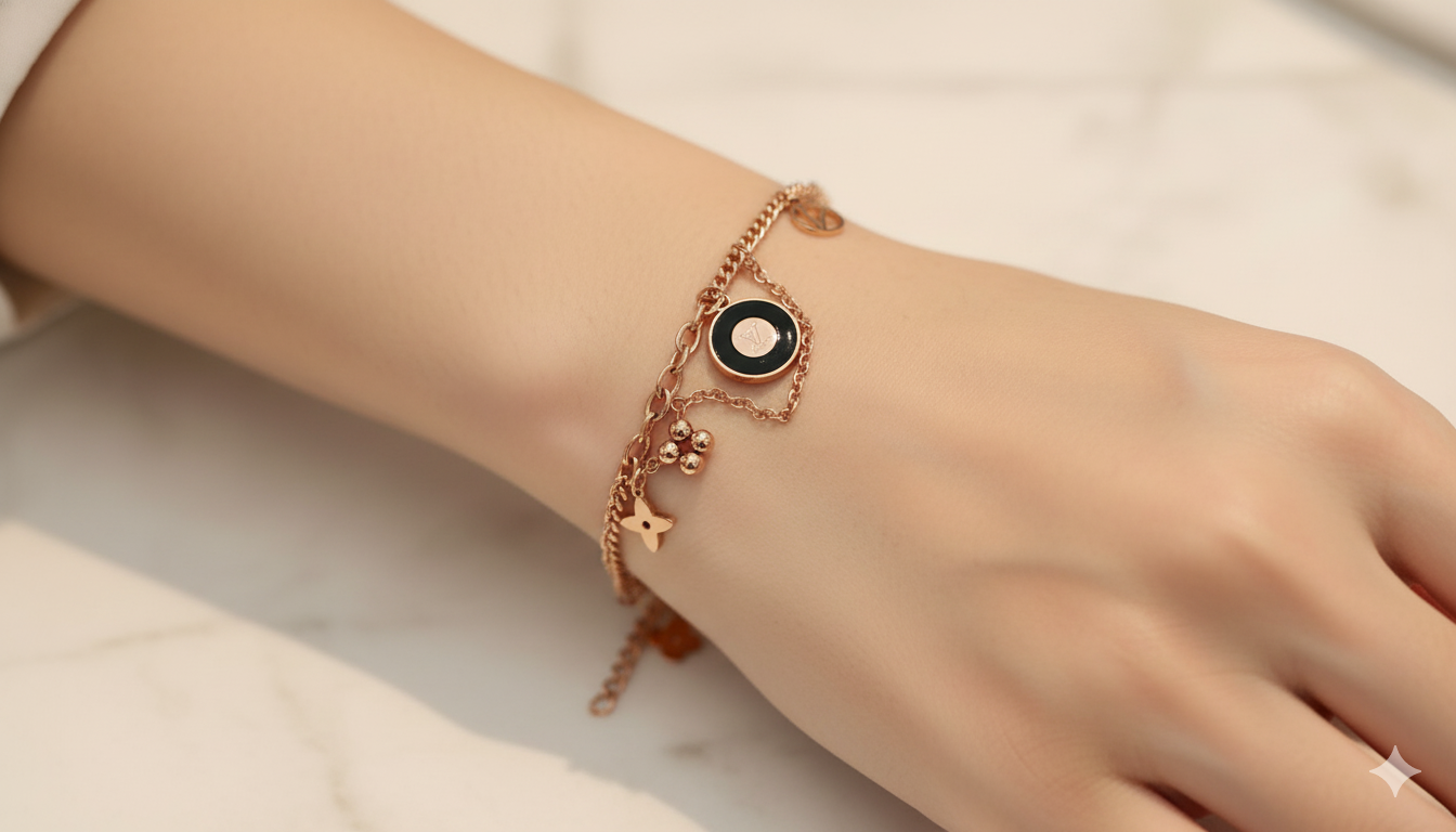 Rose Gold Stainless Steel Charm Bracelet with Signature Motifs