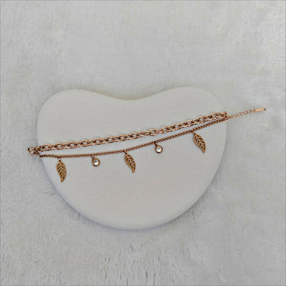 Rose Gold Stainless Steel Layered Bracelet with Leaf & Crystal Charms