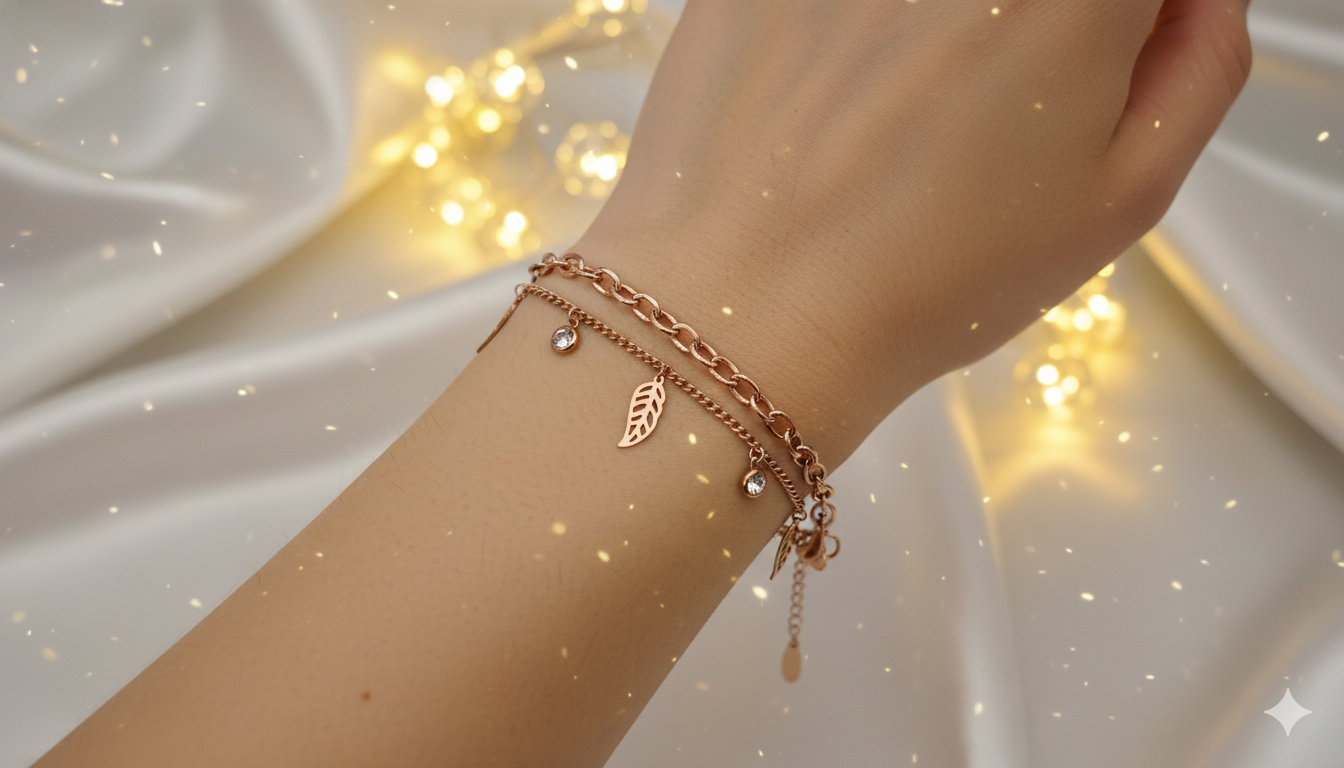 Rose Gold Stainless Steel Layered Bracelet with Leaf & Crystal Charms