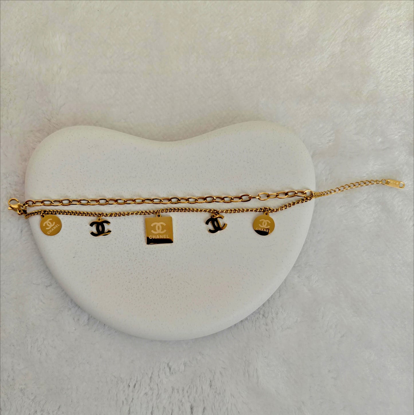 Gold Stainless Steel Layered Bracelet with Interlocking C Charms