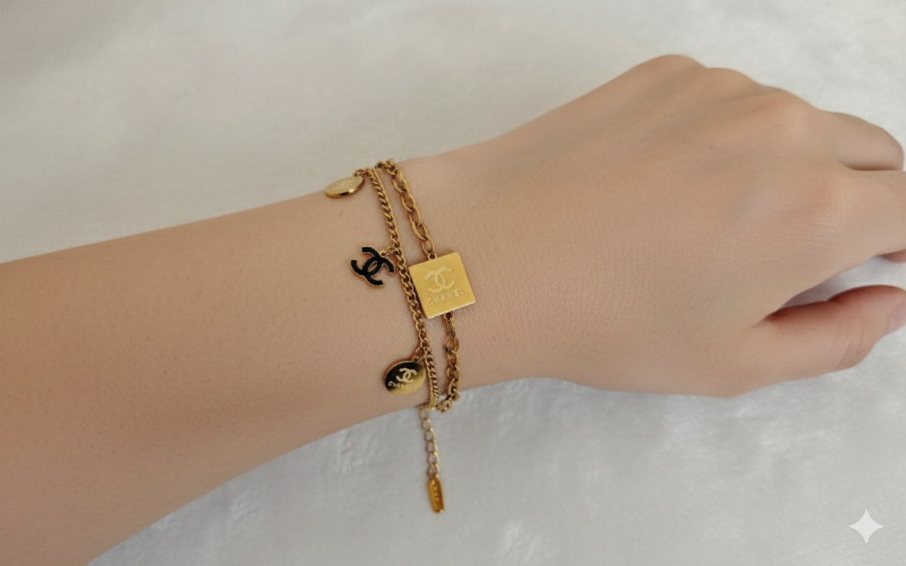 Gold Stainless Steel Layered Bracelet with Interlocking C Charms