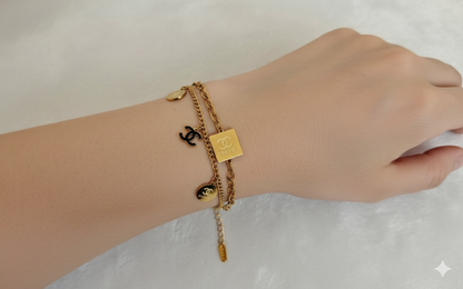 Gold Stainless Steel Layered Bracelet with Interlocking C Charms