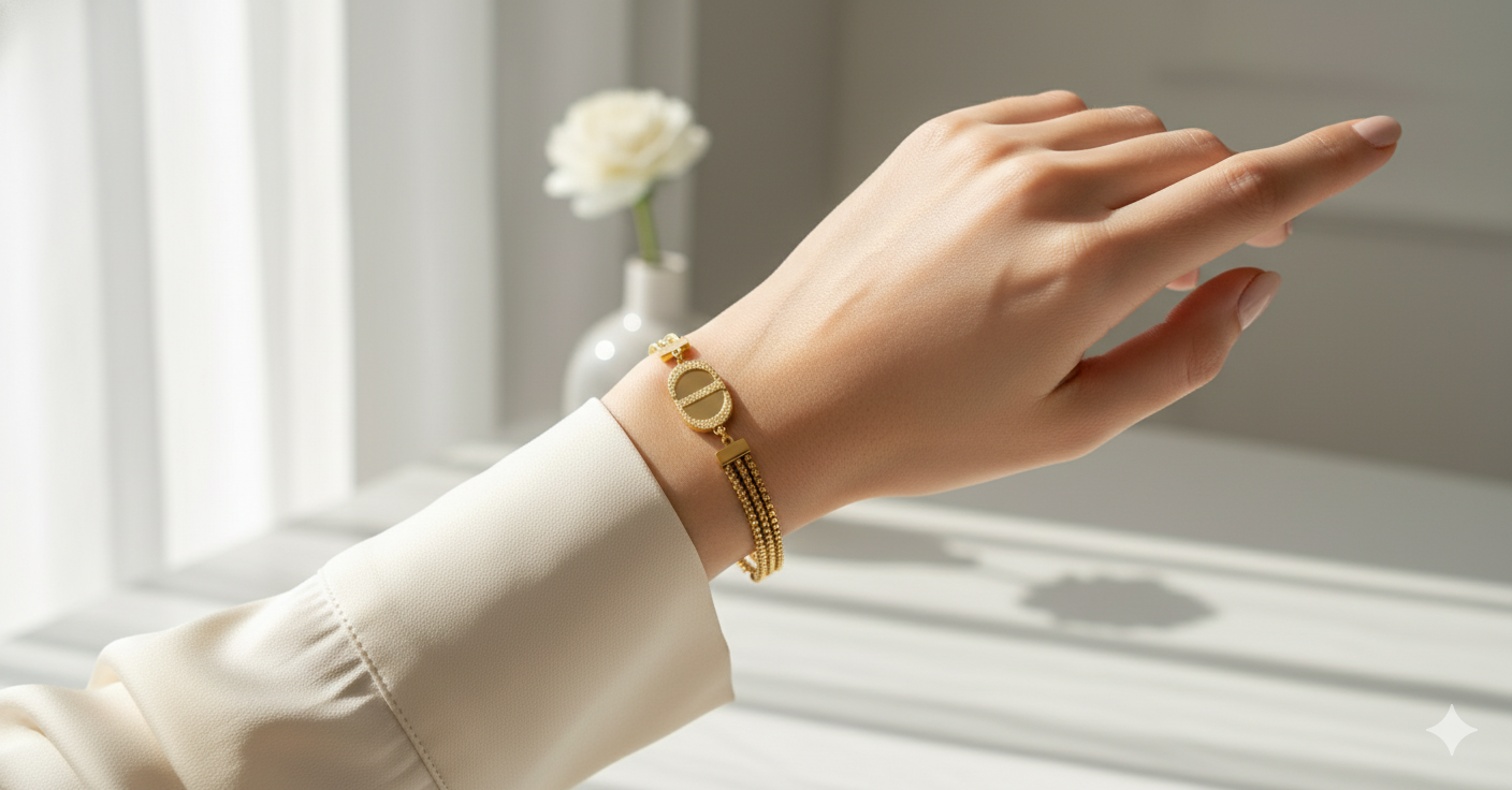 Gold Stainless Steel Triple Chain Bracelet with Oval Medallion