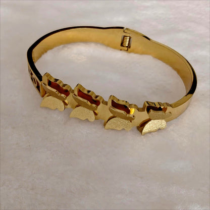 Gold Stainless Steel Hinged Bangle with Butterfly Motif