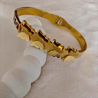 Gold Stainless Steel Hinged Bangle with Butterfly Motif