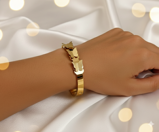 Gold Stainless Steel Hinged Bangle with Butterfly Motif