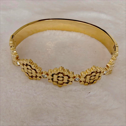 Gold Stainless Steel Hinged Bangle with Hexagonal Floral Motif & Crystals