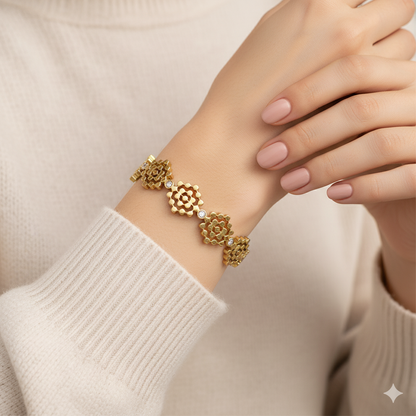 Gold Stainless Steel Hinged Bangle with Hexagonal Floral Motif & Crystals