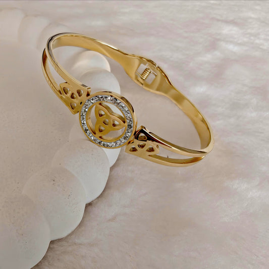 Gold Stainless Steel Hinged Bangle with Triquetra Celtic Knot & Crystals