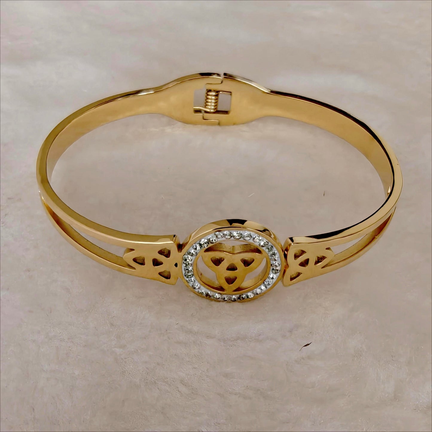 Gold Stainless Steel Hinged Bangle with Triquetra Celtic Knot & Crystals