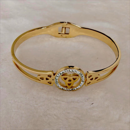Gold Stainless Steel Hinged Bangle with Triquetra Celtic Knot & Crystals