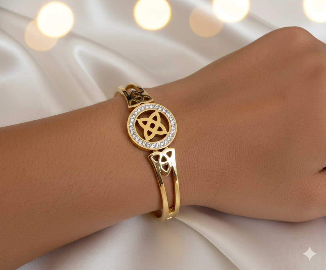Gold Stainless Steel Hinged Bangle with Triquetra Celtic Knot & Crystals