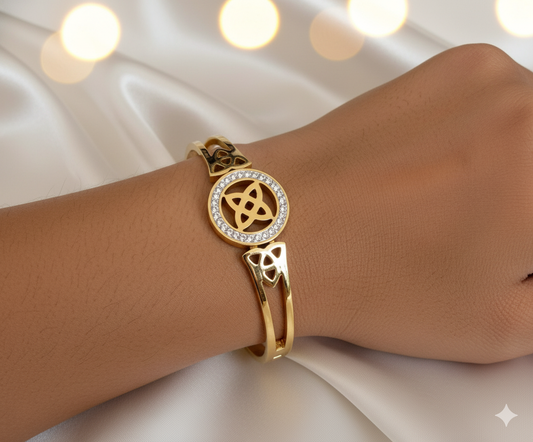Gold Stainless Steel Hinged Bangle with Triquetra Celtic Knot & Crystals