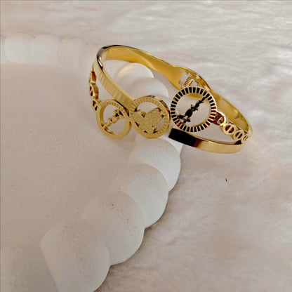 Gold Stainless Steel Hinged Bangle with Compass & Heart Charms