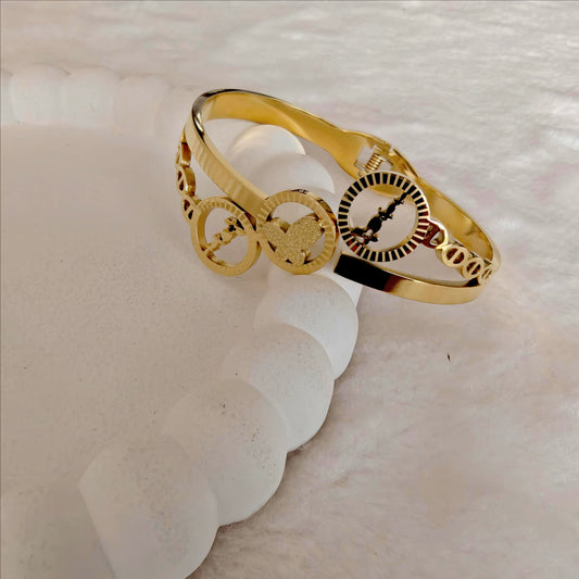 Gold Stainless Steel Hinged Bangle with Compass & Heart Charms