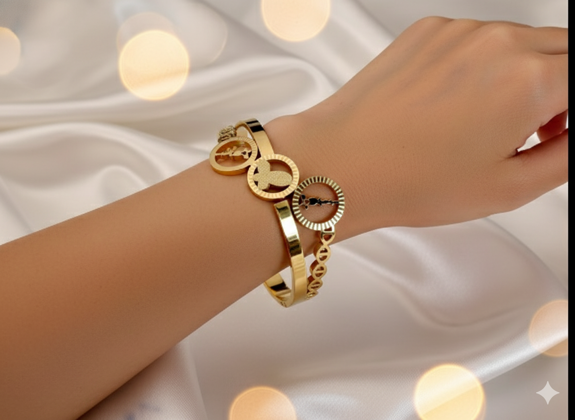 Gold Stainless Steel Hinged Bangle with Compass & Heart Charms