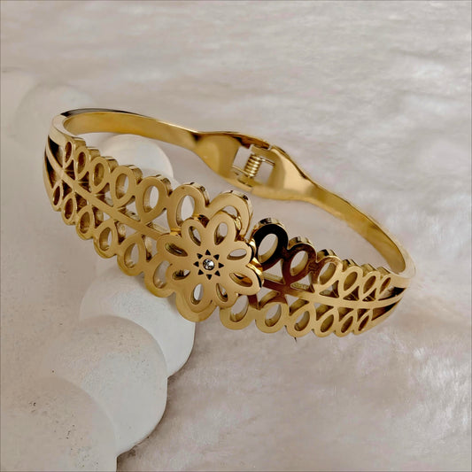 Gold Stainless Steel Wide Hinged Bangle with Floral Vine Cutout