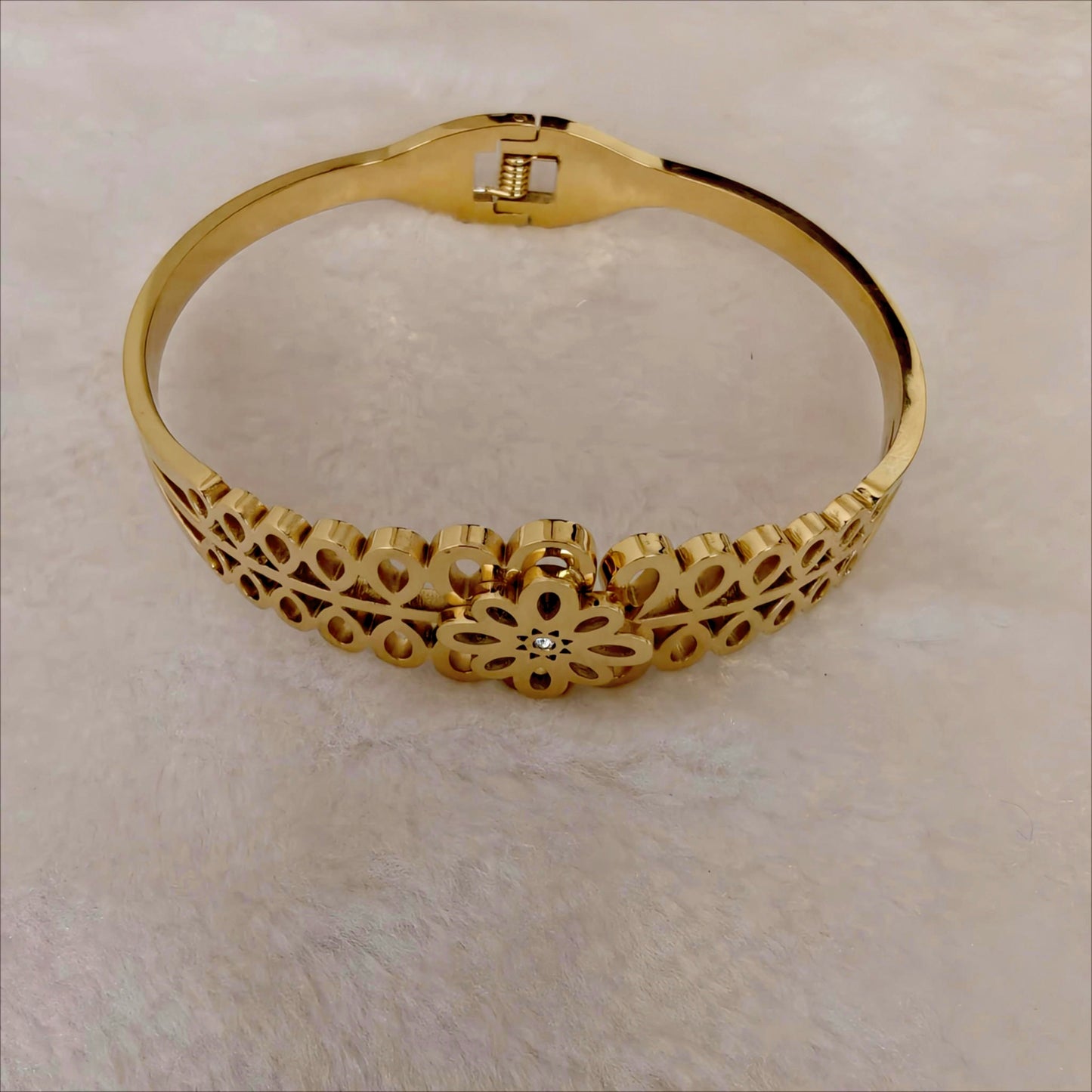 Gold Stainless Steel Wide Hinged Bangle with Floral Vine Cutout