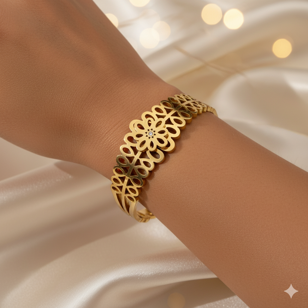 Gold Stainless Steel Wide Hinged Bangle with Floral Vine Cutout