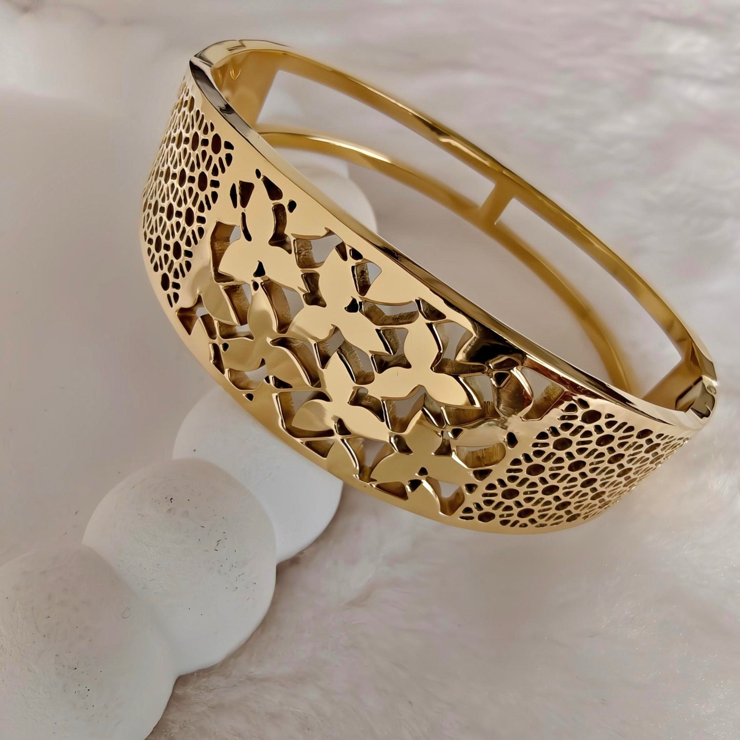 Gold Stainless Steel Oval Hinged Bangle with Floral Cutouts