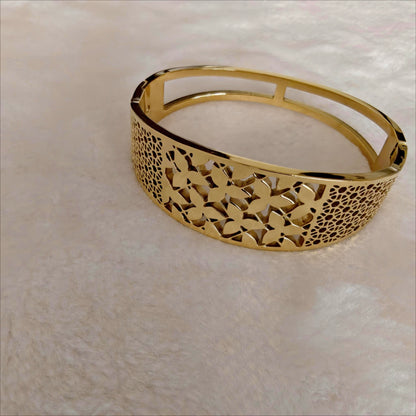 Gold Stainless Steel Oval Hinged Bangle with Floral Cutouts