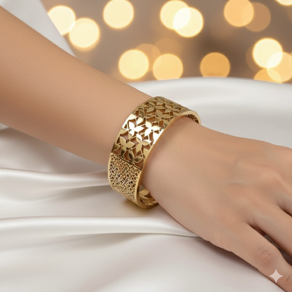 Gold Stainless Steel Oval Hinged Bangle with Floral Cutouts