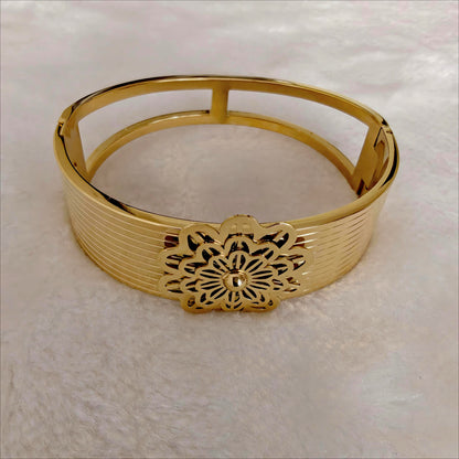 Gold Stainless Steel Wide Hinged Bangle with Floral Medallion