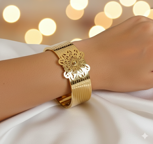 Gold Stainless Steel Wide Hinged Bangle with Floral Medallion