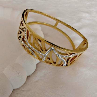 Gold Stainless Steel Wide Geometric Cutout Bangle with Crystals