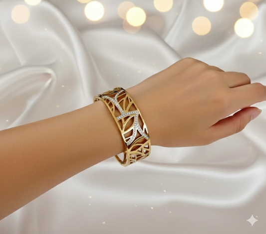 Gold Stainless Steel Wide Geometric Cutout Bangle with Crystals